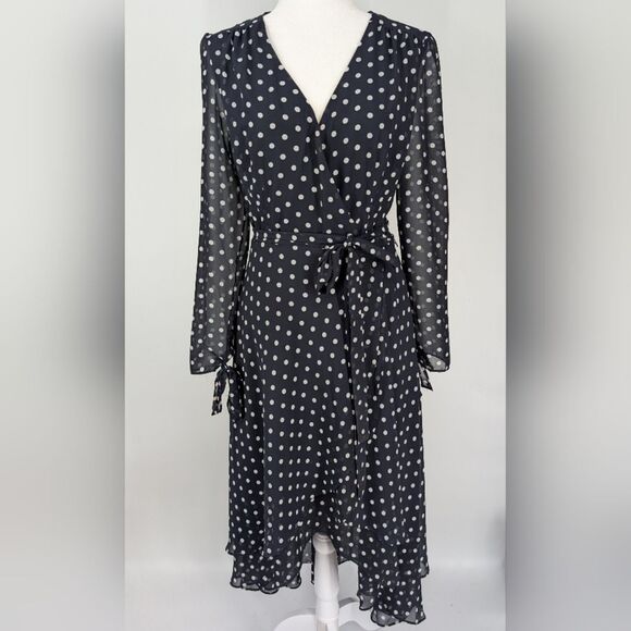 Betsey Johnson Navy Blue White Polka Dot Asymmetrical Hem Wrap Midi Dress 10 - Picture 1 of 6